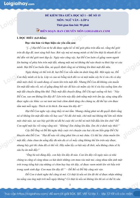 Đề thi giữa kì 1 Văn 6 - Đề số 15